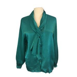 San Andre Womens Vintage 80s Teal Green‎ Secretary Blouse, Ascot, sz 8, 38 bust